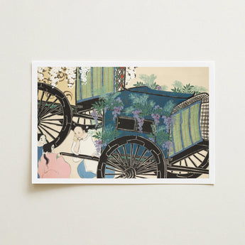 Flower Wagon - Kamisaka Sekka Woodblock Art Print / Canvas Framed Vintage Blue Carriage Adorned Purple Green, Momoyogusa, Meiji-era Gem