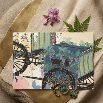 Flower Wagon - Kamisaka Sekka Woodblock Art Print / Canvas Rectangular Illustrated Postcard Vintage-style Carriage Adorned Purple Wisteria