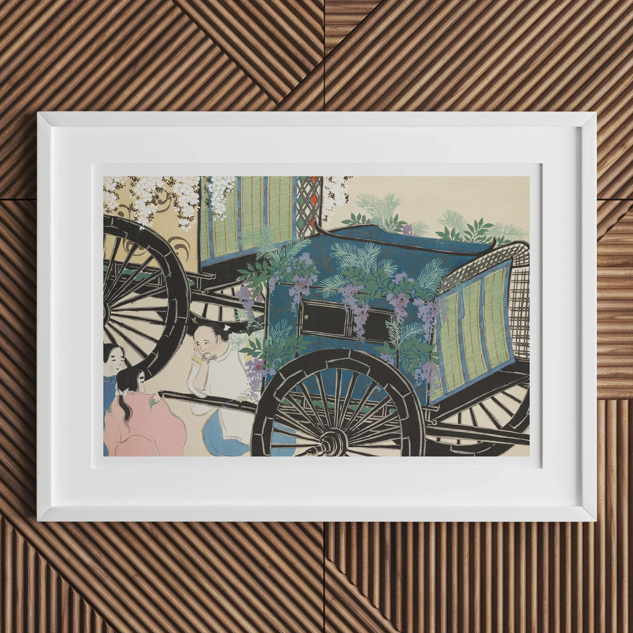 Flower Wagon - Kamisaka Sekka Woodblock Art Print, Framed Artwork Traditional Japanese Rickshaw Watercolor Style