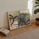 Flower Wagon - Kamisaka Sekka Woodblock Art Print, Framed Artwork Traditional Rickshaws Soft Pastel Colors