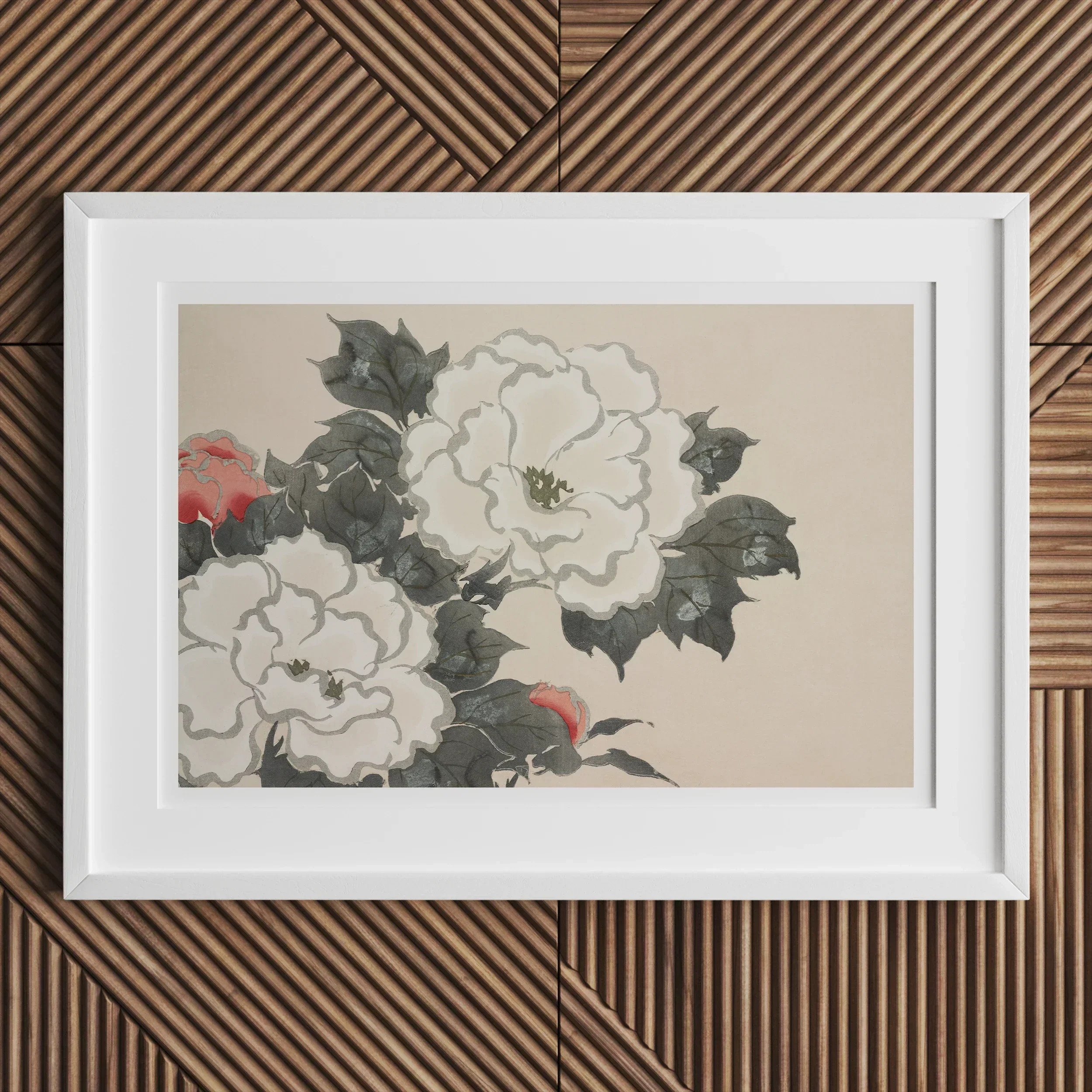 Flowers from Momoyogusa - Kamisaka Sekka Art Print, Framed Artwork White Peonies Green Leaves Beige Background