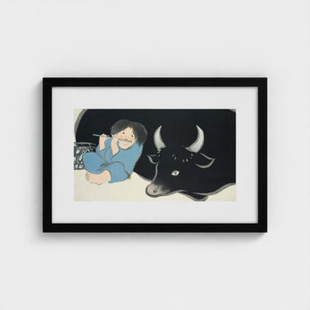 Flute Player and Ox - Kamisaka Sekka Art Print / Canvas Black-framed Artwork Child Blue Attire Black Bull White, Ink-dark Silhouette, Prints