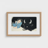 Flute Player and Ox - Kamisaka Sekka Art Print / Canvas Framed Illustration Child Blue Attire Black Bull White, Ink-dark Silhouette, Prints