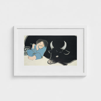 Flute Player and Ox - Kamisaka Sekka Art Print / Canvas White-framed Artwork Child Blue Pajamas Black Bull Silver, Ink-dark Silhouette,