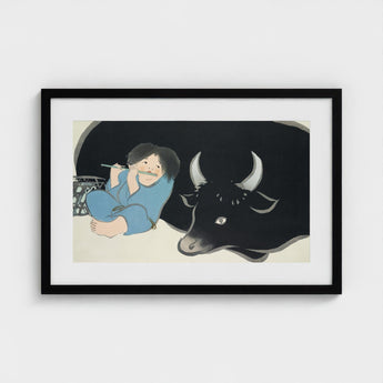 Flute Player and Ox - Kamisaka Sekka Art Print / Canvas Black-framed Artwork Child Blue Pajamas Black Bull White, Ink-dark Silhouette,