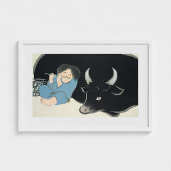 Flute Player and Ox - Kamisaka Sekka Art Print / Canvas White-framed Artwork Child Blue Pajamas Black Bull Silver, Ink-dark Silhouette,
