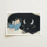 Flute Player and Ox - Kamisaka Sekka Art Print / Canvas Framed Illustration Child Blue Attire Black Bull White, Ink-dark Silhouette, Prints