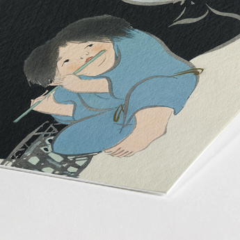 Flute Player and Ox - Kamisaka Sekka Art Print / Canvas Delicate Watercolor Illustration Child Soft Blue Attire Rendered, Ink-dark