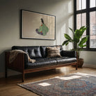 Flute Player - Kamisaka Sekka Meiji Period Art Print, Black Leather Wood-framed Sofa Tufted