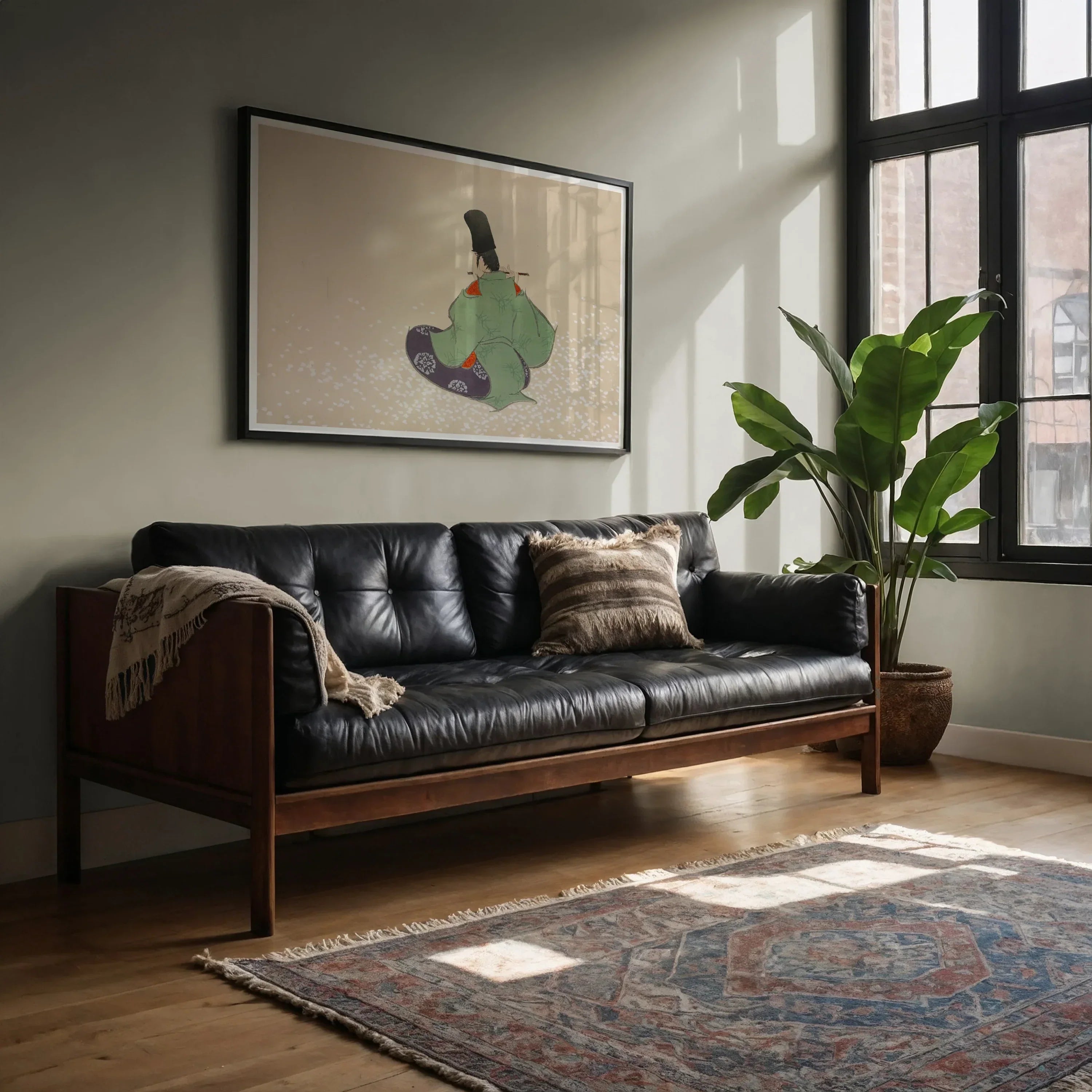 Flute Player - Kamisaka Sekka Meiji Period Art Print, Black Leather Wood-framed Sofa Tufted