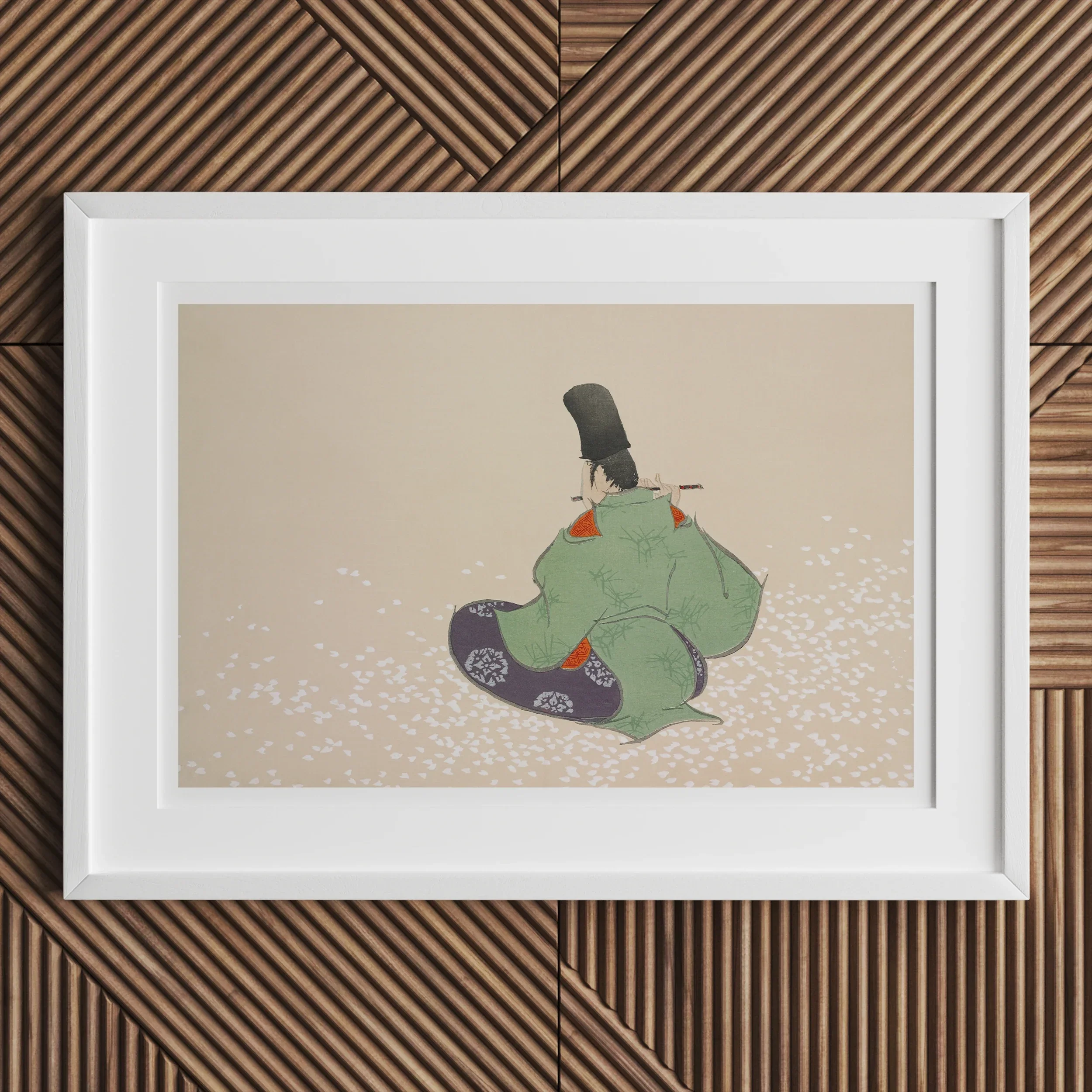 Flute Player - Kamisaka Sekka Meiji Period Art Print, White-framed Artwork Minimalist Japanese Figure Traditional Green