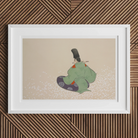 Flute Player Kamisaka Sekka Meiji Period Art Print, White Framed Artwork Minimalist Japanese Figure Traditional Green Kimono