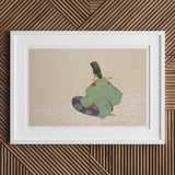Flute Player - Kamisaka Sekka Meiji Period Art Print, White-framed Artwork Minimalist Japanese Figure Traditional Green Kimono