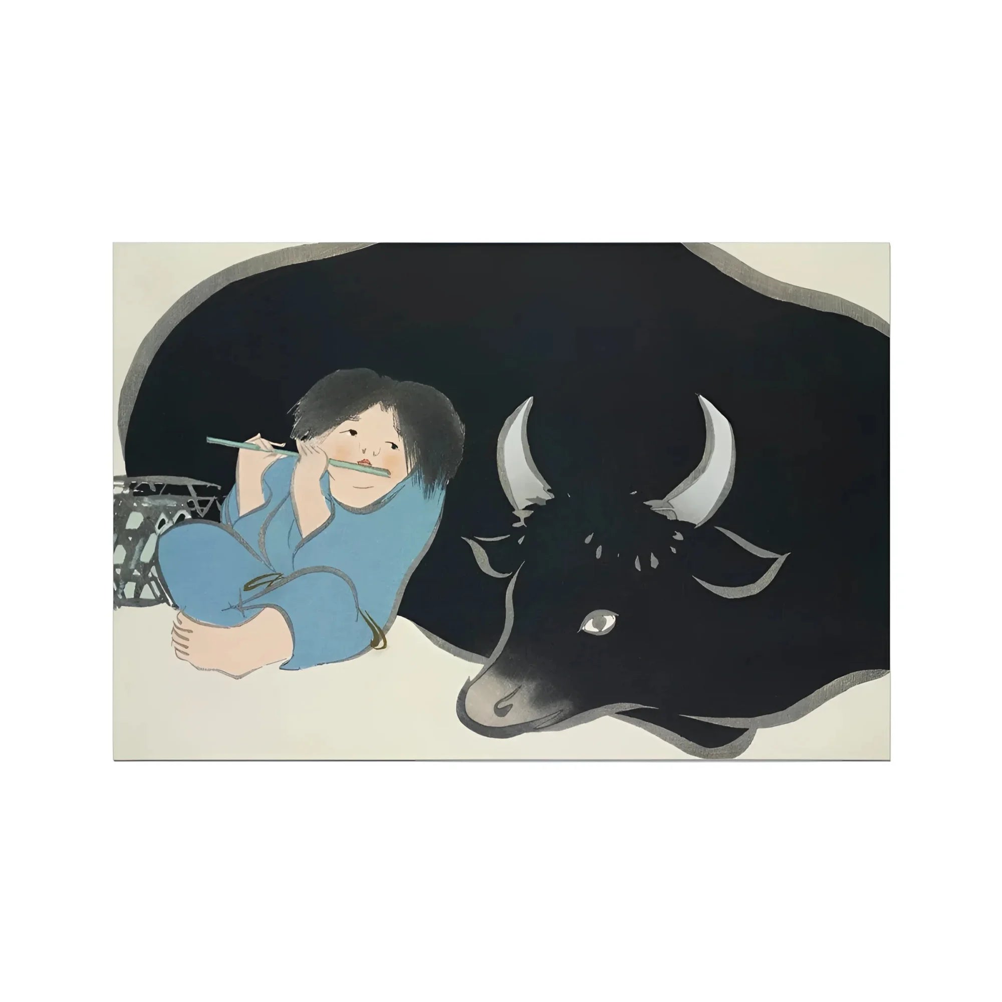 Flute Player and Ox - Kamisaka Sekka Art Print, 36x24’’ / 92x61cm / Unframed, Child Flute Black Bull