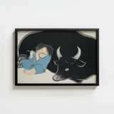 Black-framed Artwork Child Blue Attire Flute Black Bull Kamisaka Sekka Art Print, Ink-dark Silhouette, Player