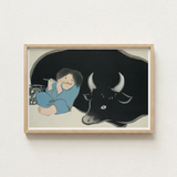 Framed Illustration Child Blue Attire Black Bull White Kamisaka Sekka Art Print, Ink-dark Silhouette, Flute Player