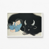 Framed Illustration Child Blue Attire Black Bull White Kamisaka Sekka Art Print, Ink-dark Silhouette, Flute Player