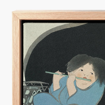 Framed Canvas Print Stylized Illustration Child Blue Attire Kamisaka Sekka Art, Ink-dark Silhouette, Flute Player