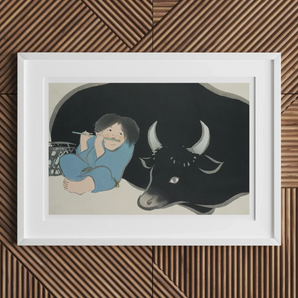 Flute Player and Ox - Kamisaka Sekka Art Print, Framed Painting Boy Bull