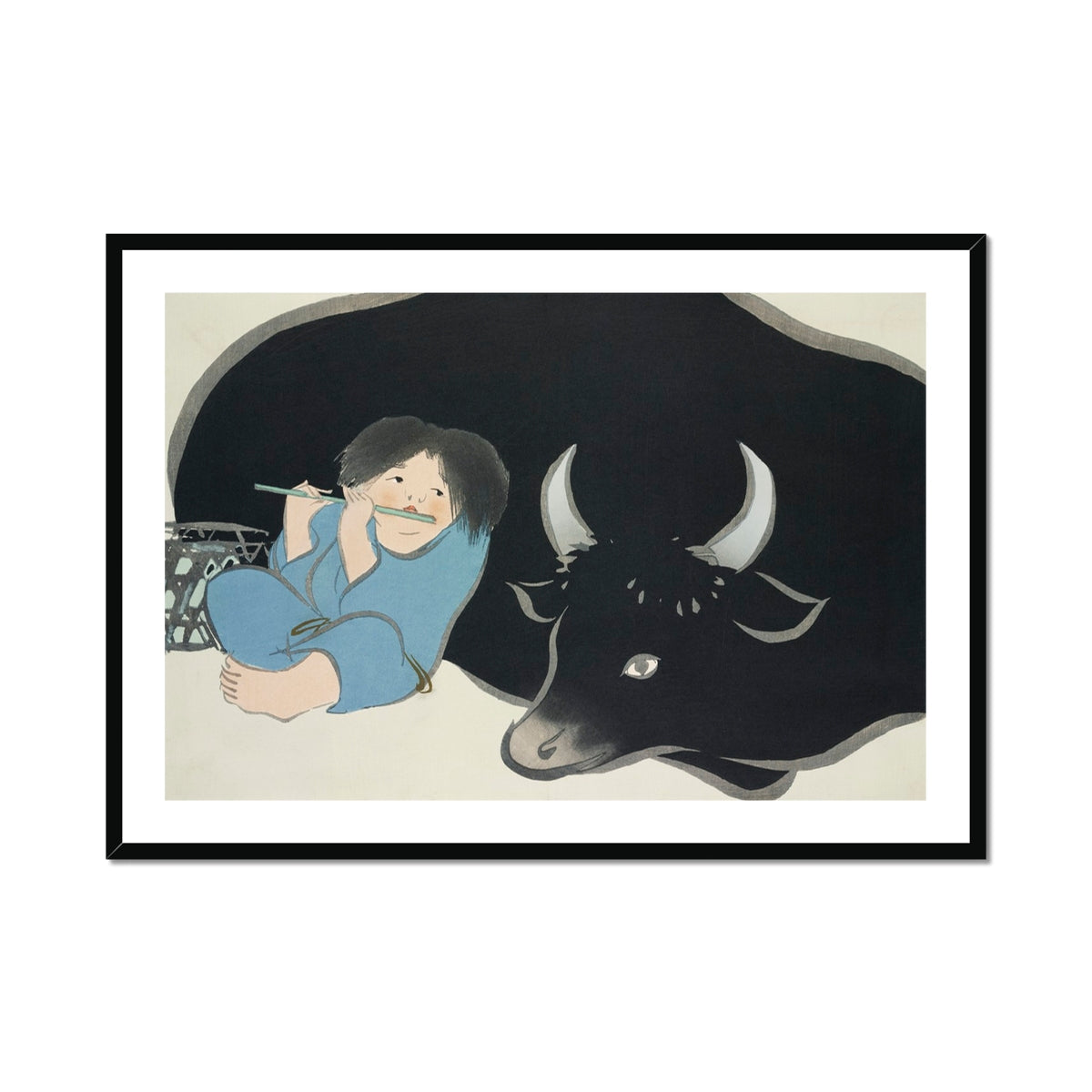 Flute Player and Ox Kamisaka Sekka Art Print, Framed Painting Boy Bull