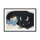 Flute Player and Ox - Kamisaka Sekka Art Print, Framed Painting Boy Bull