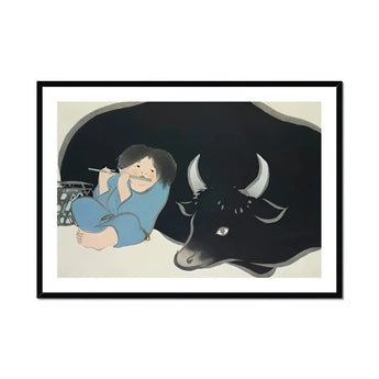 Flute Player and Ox - Kamisaka Sekka Art Print, Framed Painting Boy Bull