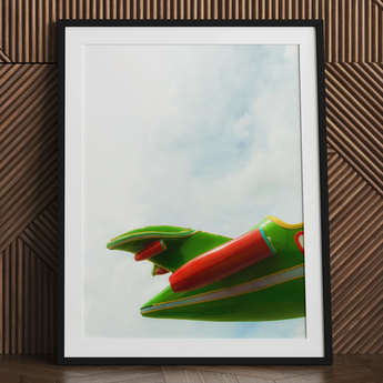 Flying High amusement park airplane art print, framed.