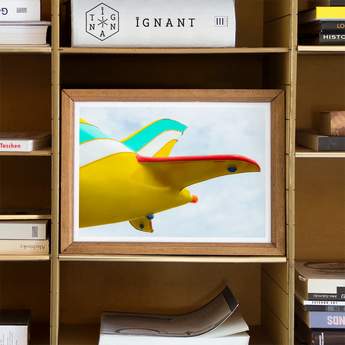 Flying High - Amusement Park Airplane Art Print, Colorful Abstract Artwork Yellow Whale Rainbow-like Spouts Streams