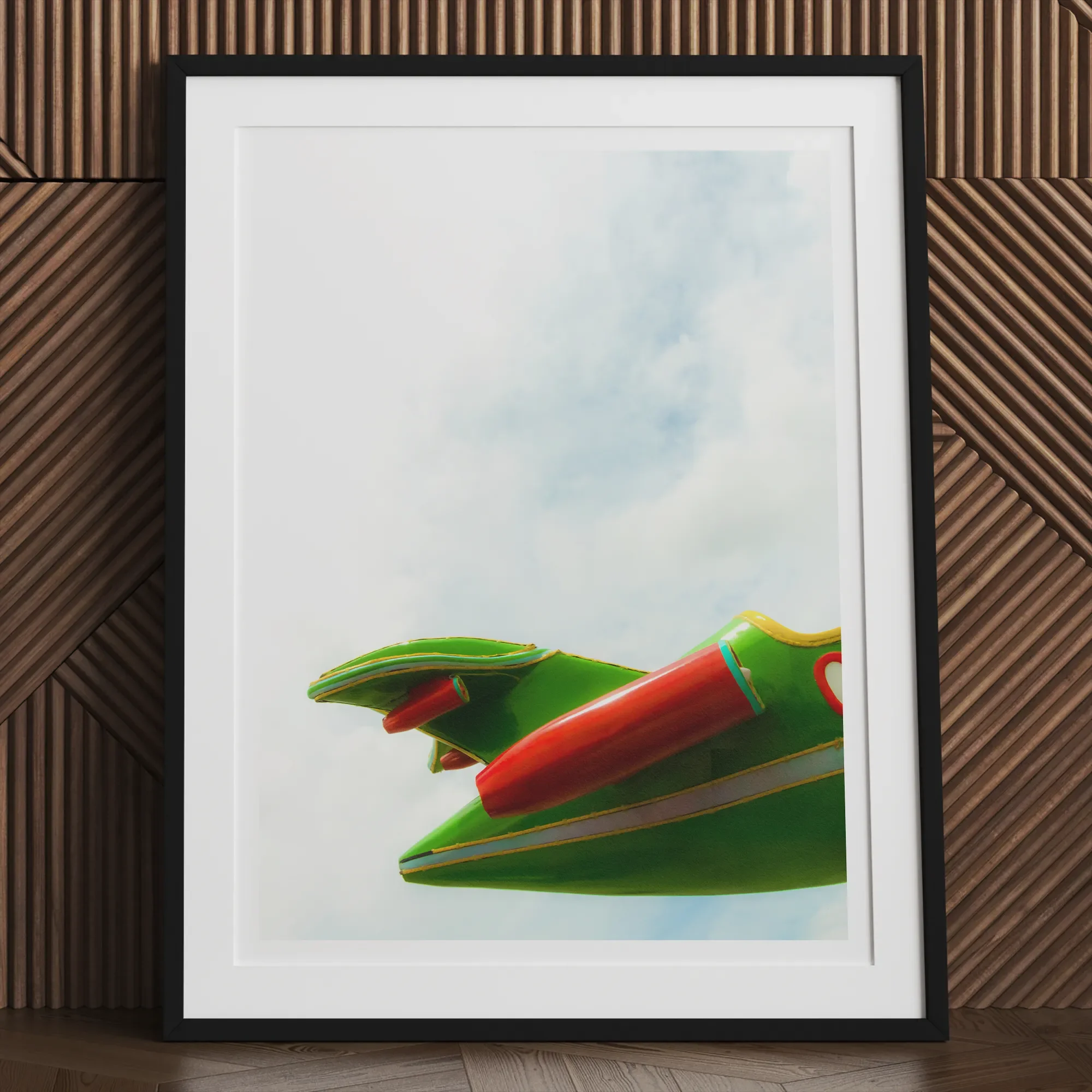 Flying High - Amusement Park Airplane Art Print, Colorful Toy Frog Red Eyes Streamlined Shape