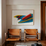 Flying Higher - Amusement Park Airplane Art Print, Abstract Artwork Bold Red Yellow Brushstrokes Blue Background