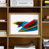 Flying Higher - Amusement Park Airplane Art Print, Framed Artwork Red Rocket Blue Yellow Geometric Shapes