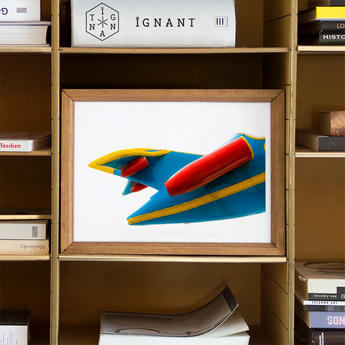 Flying Higher - Amusement Park Airplane Art Print, Framed Artwork Red Rocket Blue Yellow Geometric Shapes