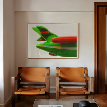 Flying Highest - Amusement Park Airplane Art Print, Abstract Artwork Bold Green Red Geometric Shapes Minimalist