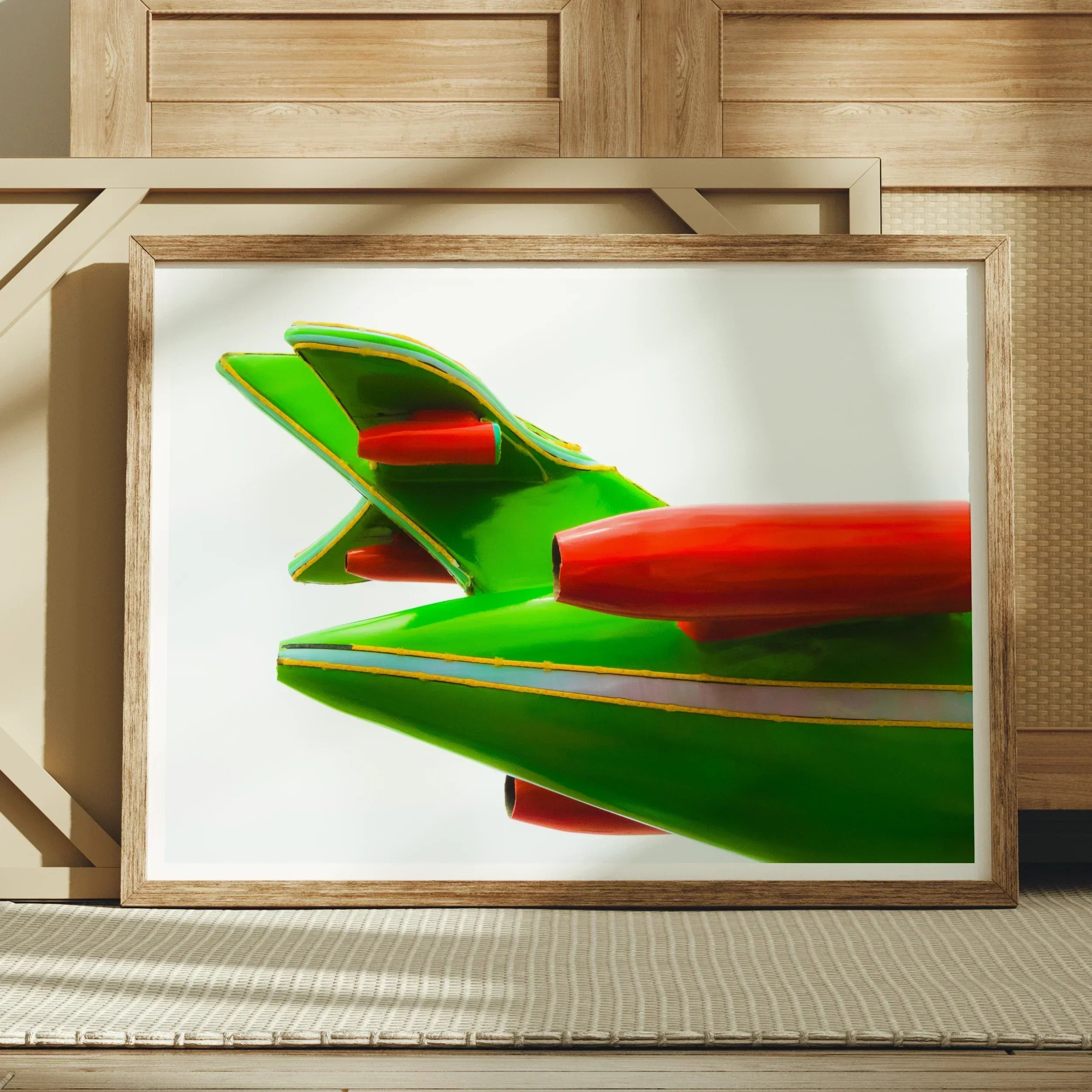 Flying Highest - Amusement Park Airplane Art Print, Abstract Green Red Aircraft Tail Fin Design Minimalist