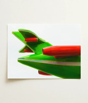 Vibrant Green Red Retro-style Airplane Model Glossy Finish Amusement Park, Art, Retro-futuristic Fantasy