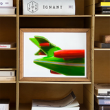 Flying Highest - Amusement Park Airplane Art Print, Framed Artwork Abstract Green Red Airplane Tail Fins