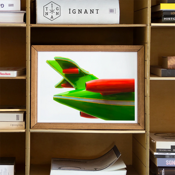 Flying Highest - Amusement Park Airplane Art Print, Framed Artwork Abstract Green Red Airplane Tail Fins