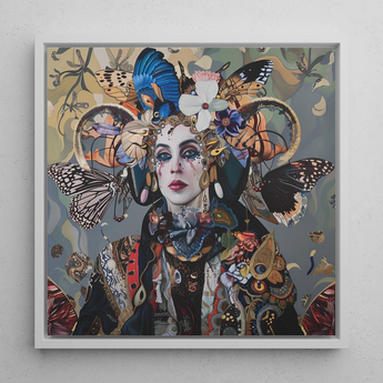 The Fool - Surreal Tarot Deck Art Framed Canvas, 12x12’’ / 31x31cm / White Floating Frame, Framed Portrait Woman Adorned Butterflies Flowers