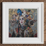 The Fool Surreal Tarot Deck Art Print, Surrealistic Portrait Woman Elaborate Headdress Birds Butterflies Nature
