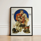 Football Player - J. C. Leyendecker Art Print / Canvas Black-framed Vintage Illustration American, Scarlet Jersey Burns, Coal Held, Winter