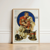 Football Player - J. C. Leyendecker Art Print / Canvas Framed Vintage-style Illustration American, Scarlet Jersey Burns, Coal Held, Winter