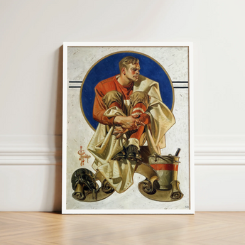 Football Player - J. C. Leyendecker Art Print / Canvas Framed Vintage-style Illustration Orange Jersey Beige, Scarlet Burns, Coal Held,