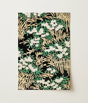 Rectangular Black Notebook Adorned Vibrant Pattern White Flowers Forest Illustration, Art Print, Shin Bijutsukai, Watanabe Seitei’s,