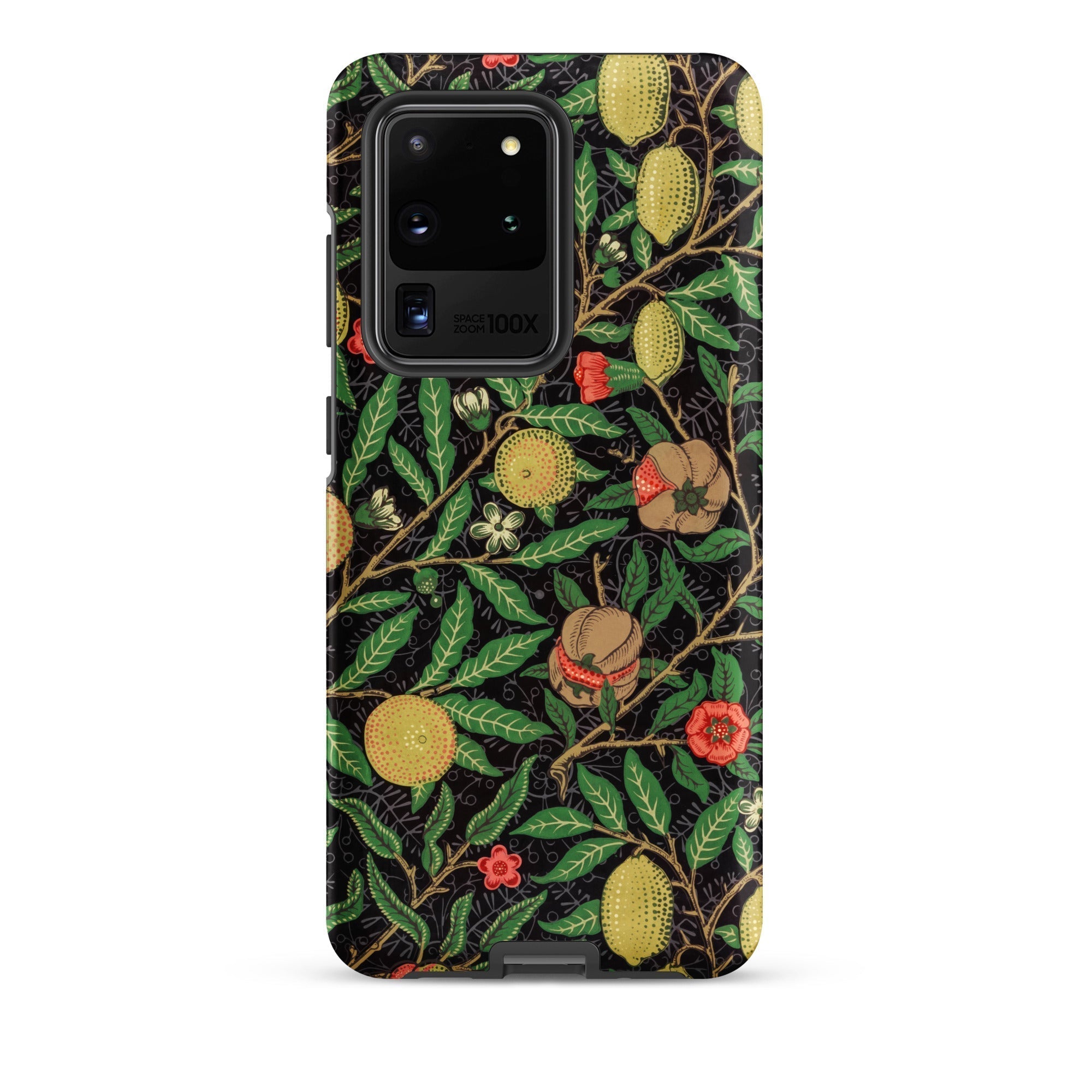 Four Fruits too William Morris Aesthetic Samsung Case, Galaxy S20 Ultra / Matte, Black Smartphone Case Adorned Vibrant Floral Fruit Pattern