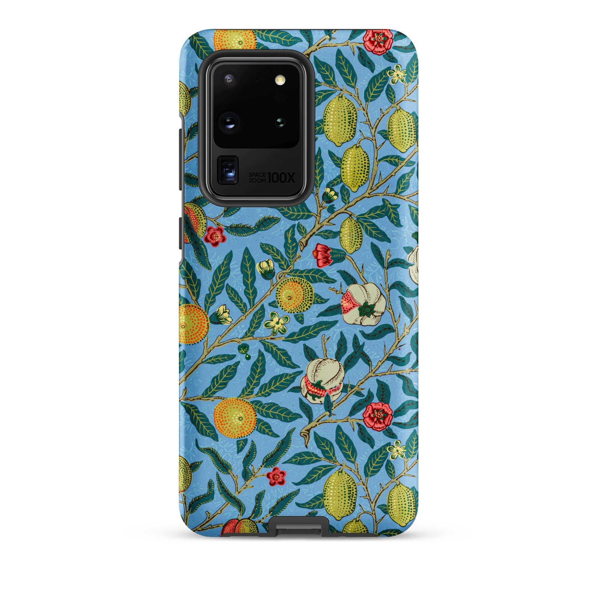 Four Fruits William Morris Aesthetic Samsung Case, Galaxy S20 Ultra / Matte, Smartphone Case Blue Background Colorful Floral Fruit Pattern