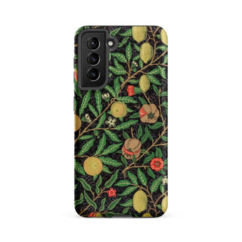 Four Fruits too - William Morris Aesthetic Samsung Case, Galaxy S21 Fe / Matte, Black Phone Case Dark Botanical Pattern Green Leaves