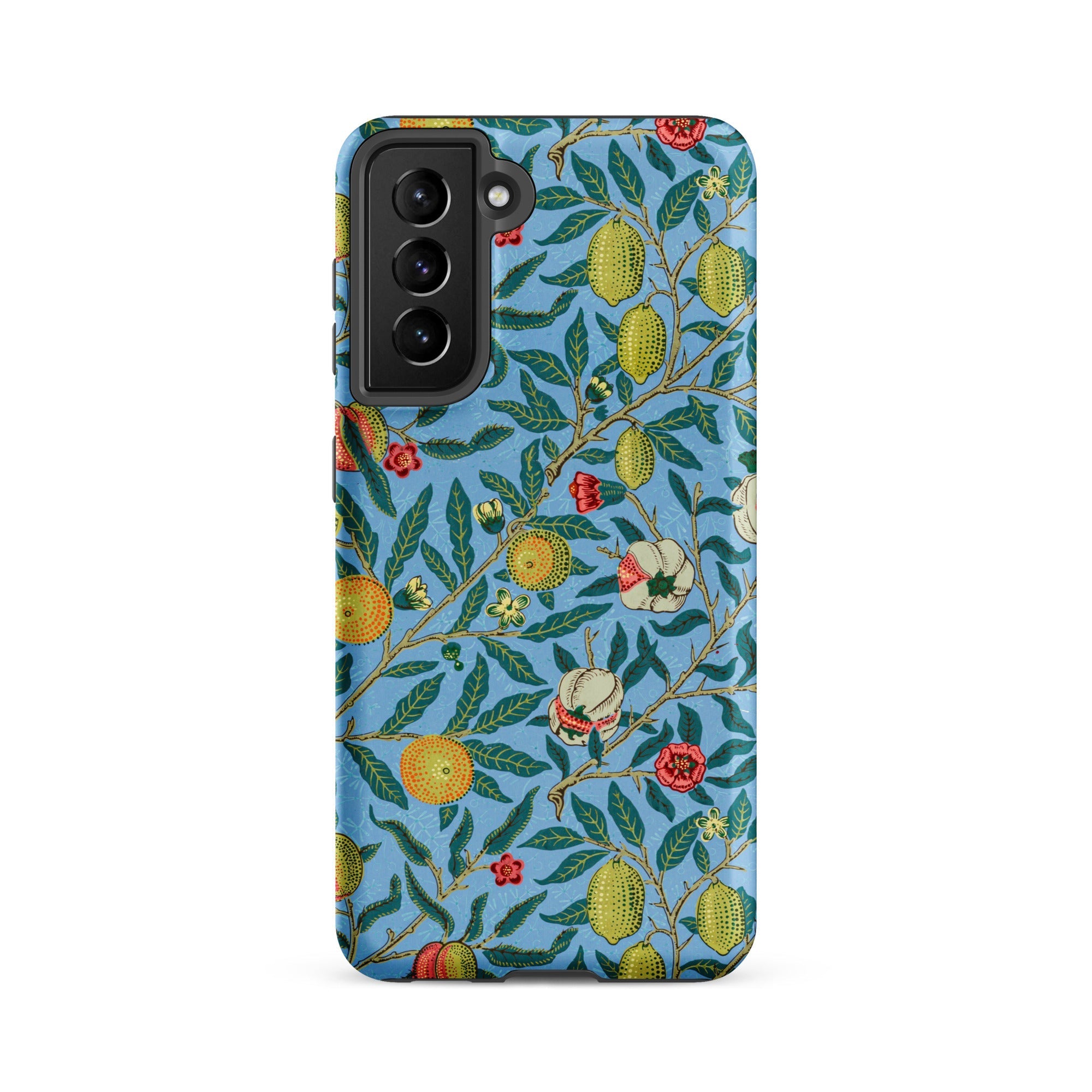 Four Fruits William Morris Aesthetic Samsung Case, Galaxy S21 Fe / Matte, Phone Case Blue Background Pattern Leafy Branches Yellow