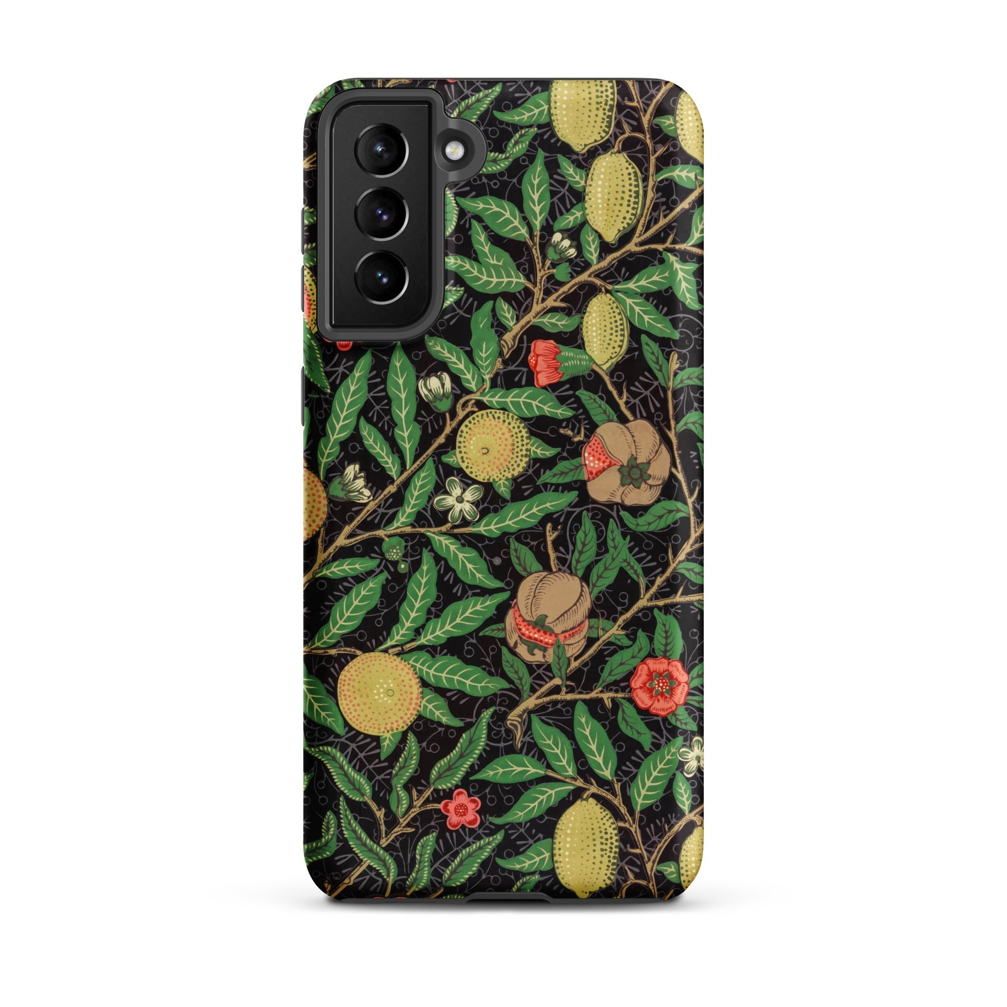 Four Fruits too William Morris Aesthetic Samsung Case, Galaxy S21 Plus / Matte, Black Smartphone Case Dark Floral Fruit Pattern