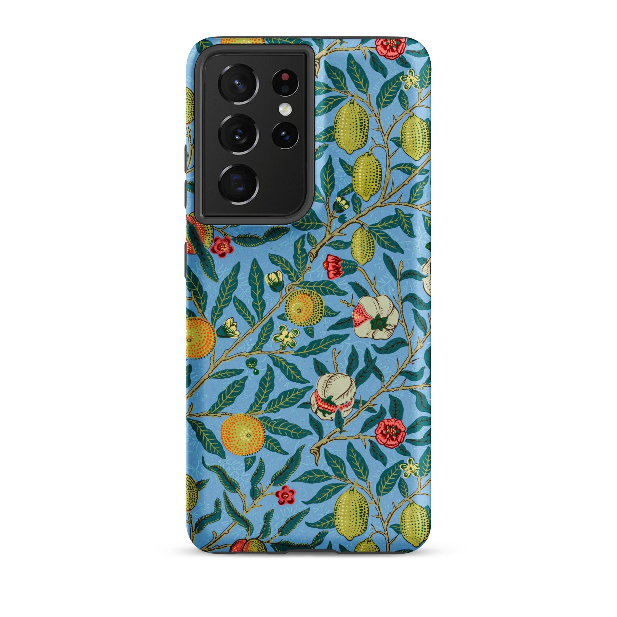 Four Fruits William Morris Aesthetic Samsung Case, Galaxy S21 Ultra / Matte, Blue Smartphone Case Pattern Branches Fruit Flowers