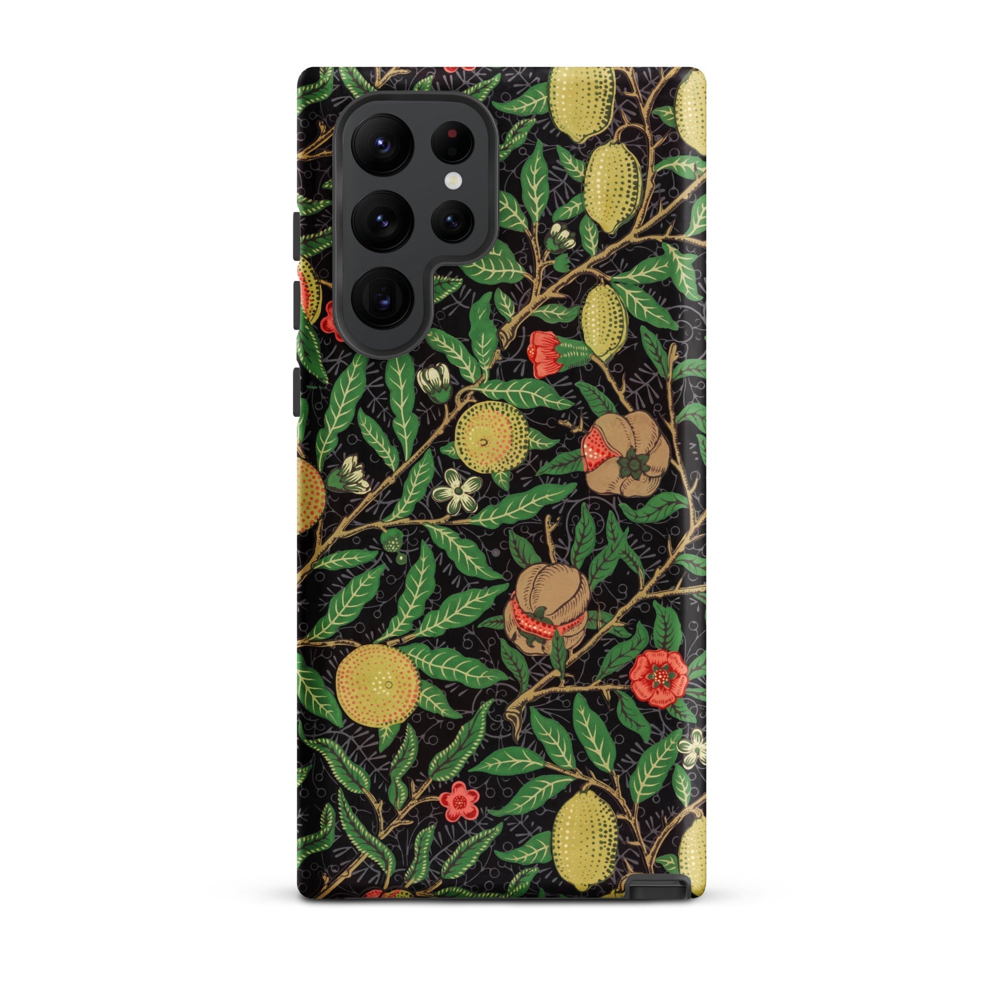 Four Fruits too William Morris Aesthetic Samsung Case, Galaxy S22 Ultra / Matte, Smartphone Case Dark Floral Pattern Lemons Pomegranates